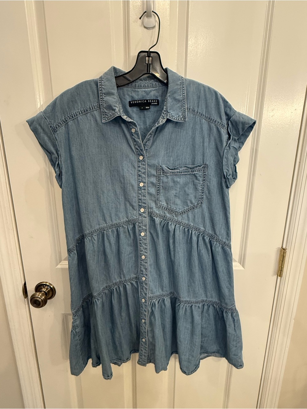 Veronica Beard Harrow Shirt Dress Tiered Pearl Snap Button Chambray Sz 8